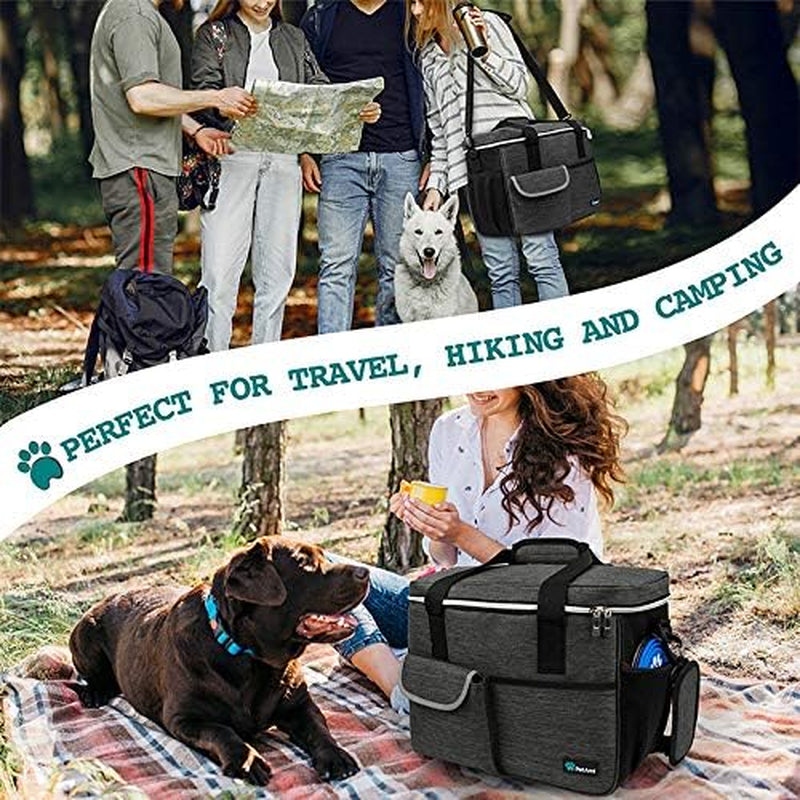 Dog Travel Bag, Travel Pet Bag Organizer, Dog Food Travel Bag with Container Collapsible Bowls, Pet Travel Supplies Gift Accessories for Weekend Camping, Puppy Cat Diaper Bag, Charcoal Medium
