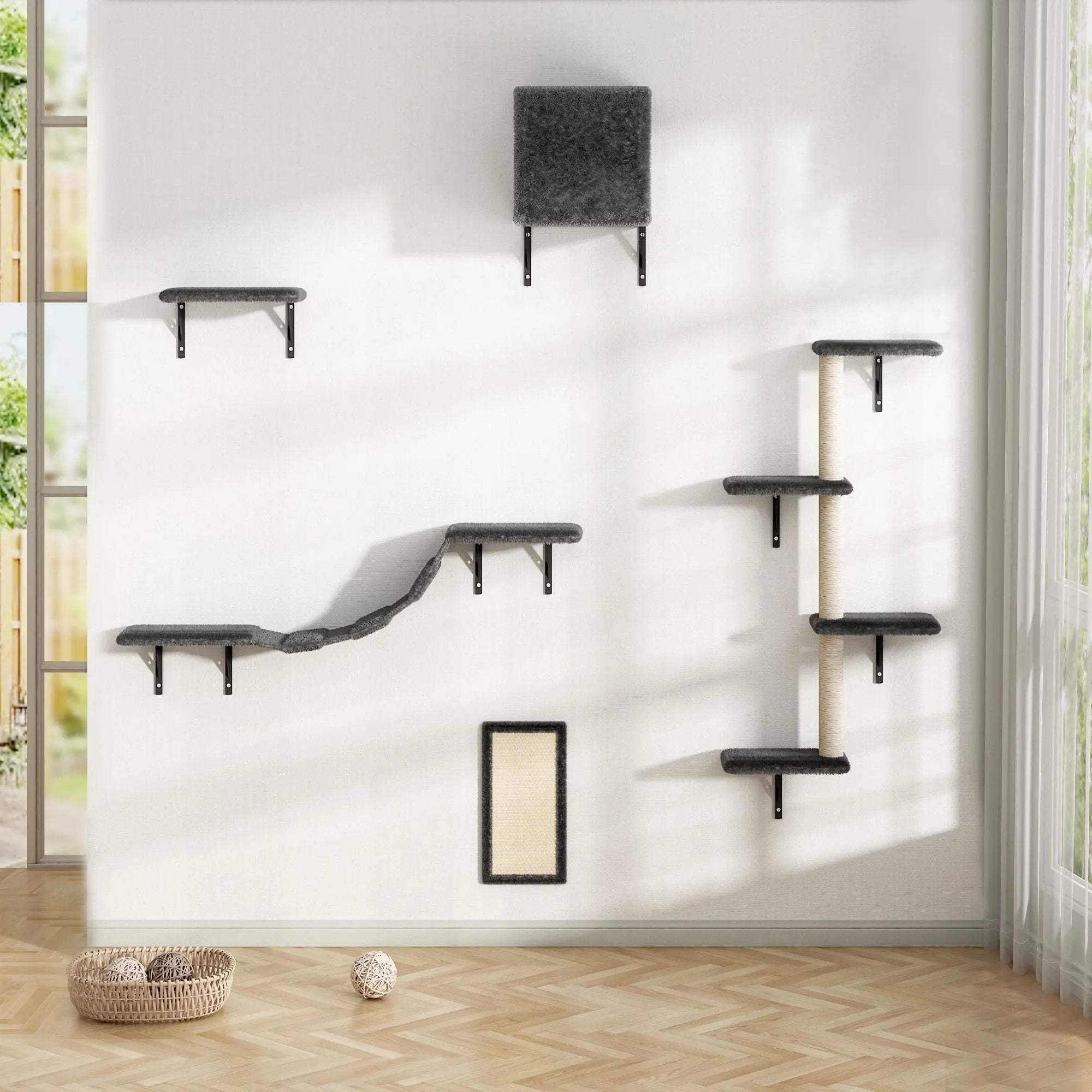 5 Pcs Wall Mounted Cat Climber Set; Floating Cat Shelves and Perches; Cat Activity Tree with Scratching Posts; Modern Cat Furniture