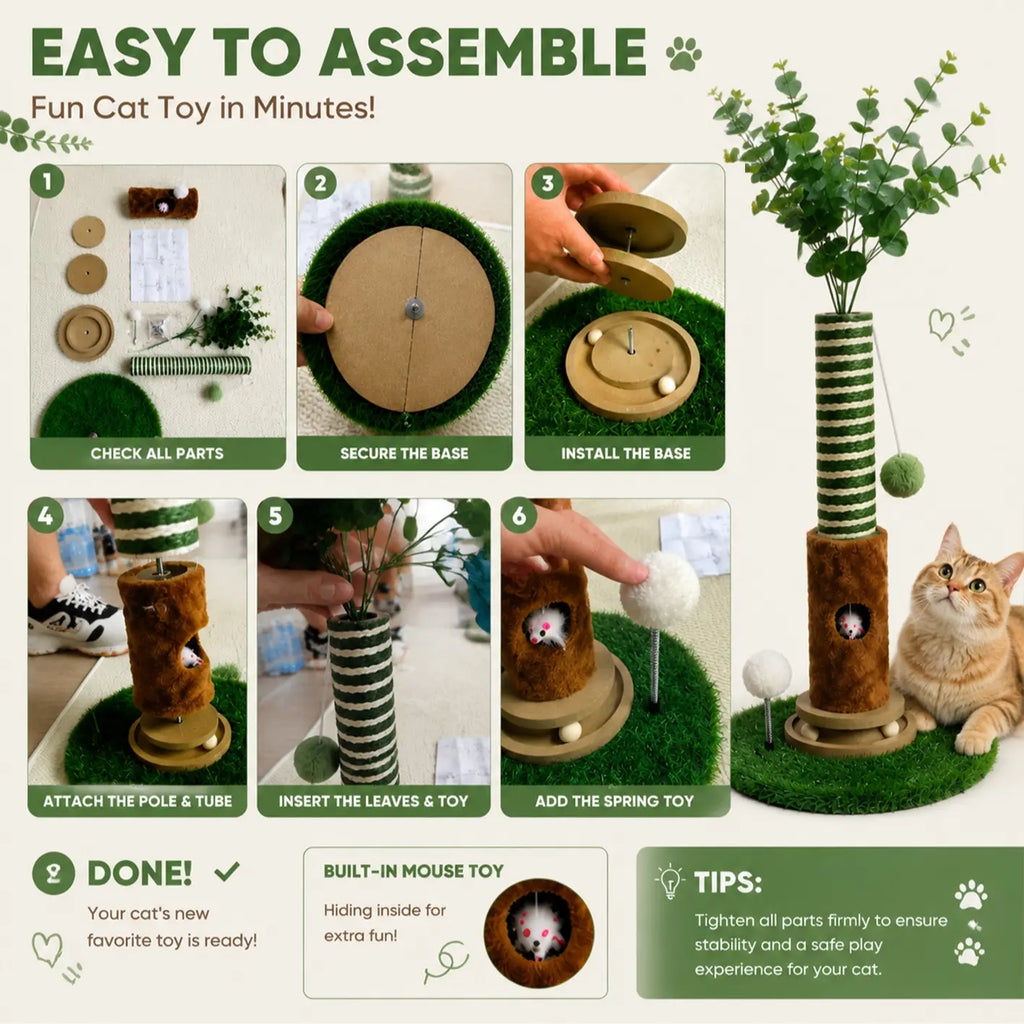 39''Cat Scratching Post with Artificial Eucalyptus Leaves 4-In-1 Interactive Cat Tree Tower- Summervibes Kitten Scratcher with Toy Balls - Indoor Cat Scratching Post with Ball - Sisal Rope -Modern Pet Furniture Cat Tree for Living Room Home Decor Ou