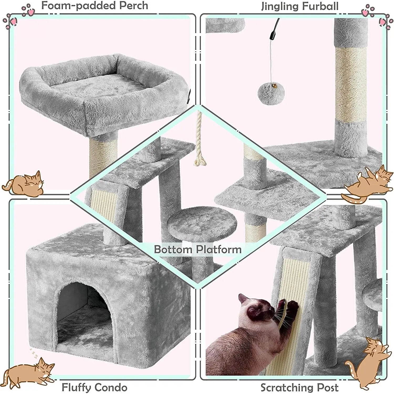 Multi-Level Cat Tree Cat Tower for Indoor Cats, Cat Condo with Scratching Posts, Cat Furniture Play Center, Plush Perch, Rotatable Cat Tree Light Gray