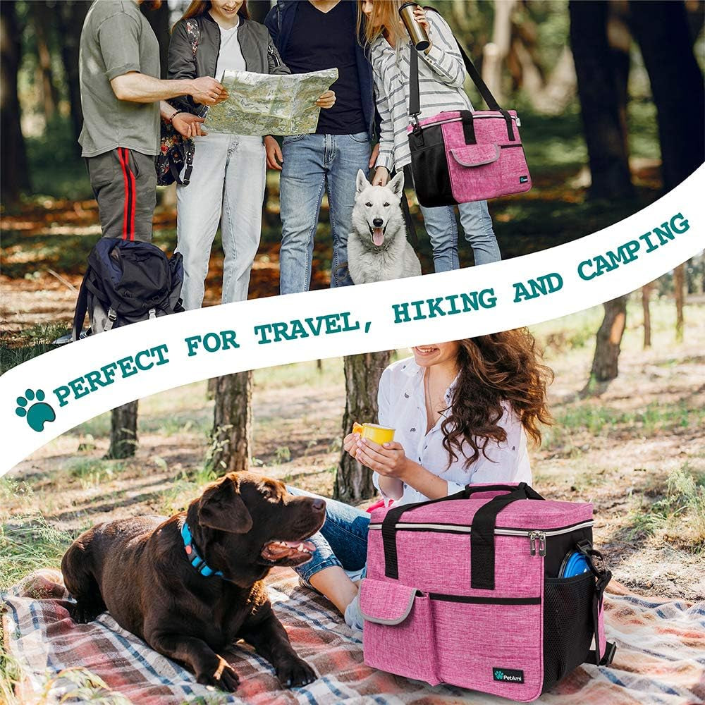 Dog Travel Bag, Travel Pet Bag Organizer, Dog Food Travel Bag with Container Collapsible Bowls, Pet Travel Supplies Gift Accessories for Weekend Camping, Puppy Cat Diaper Bag, Pink Medium