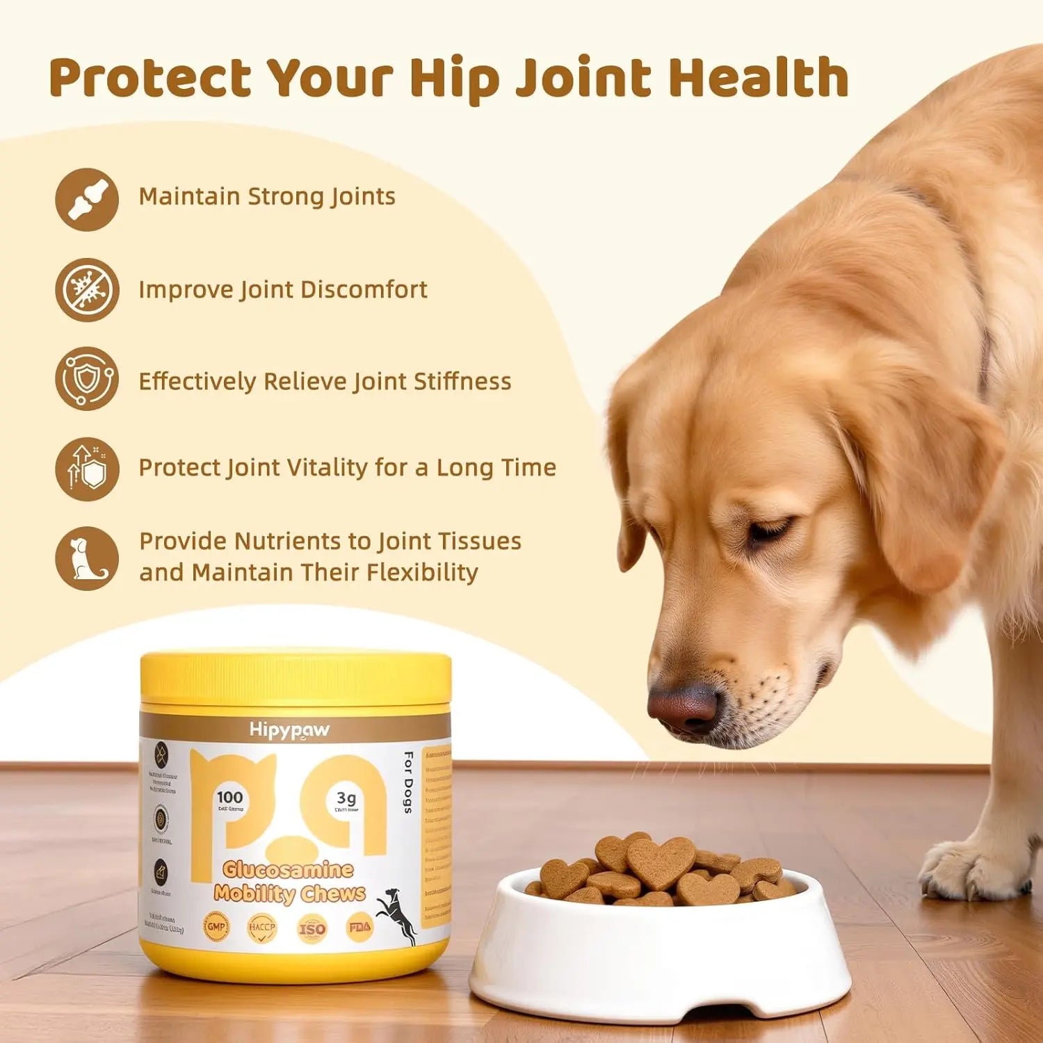 Hipypaw Hip & Joint Mobility Bites for Dogs Natural Joint Health Supplement with Glucosamine & Chondroitin, MSM & Omega-3 Soft Chewsz