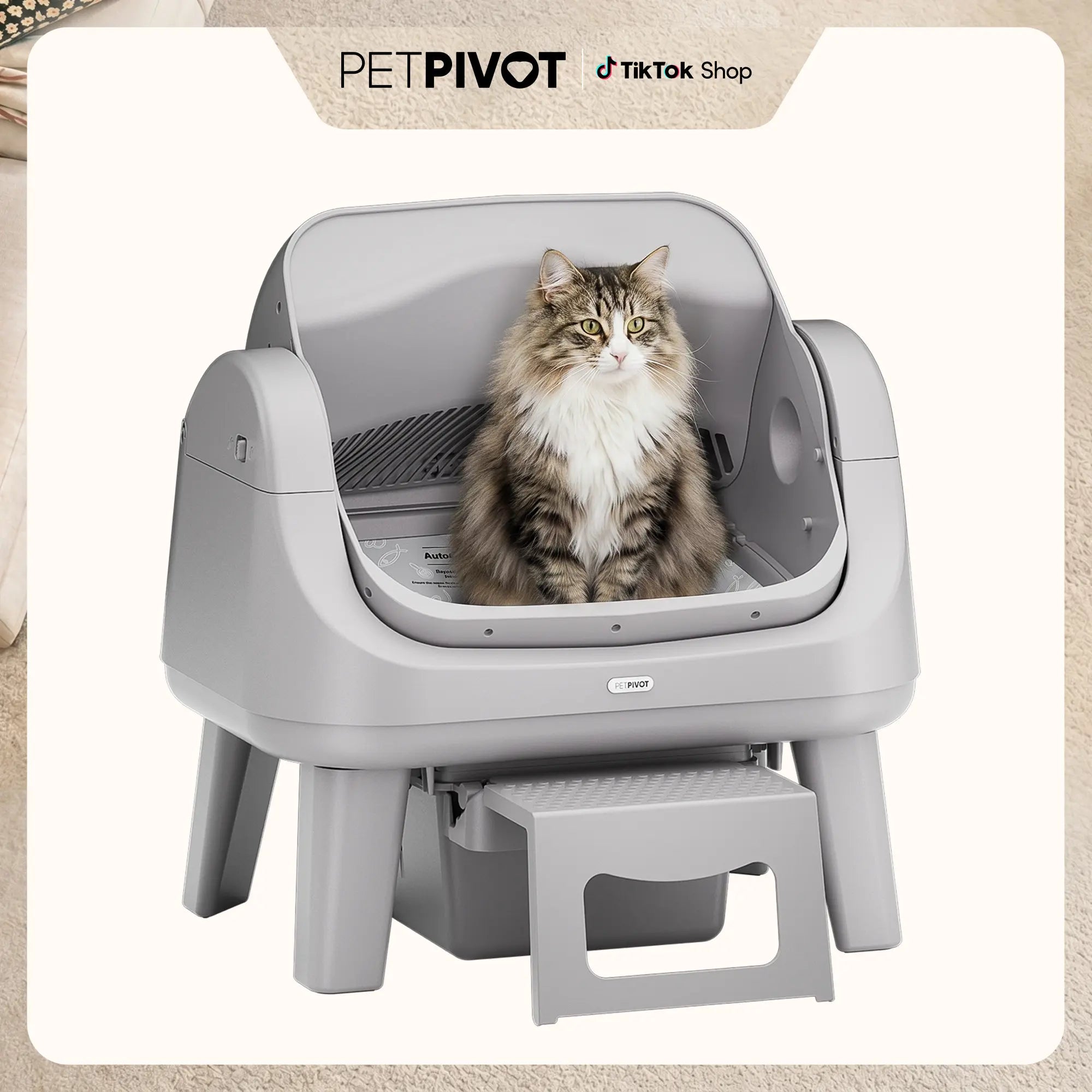 Petpivot Autoscooper 12 Lite Open Top Self Cleaning Cat Litter Box, Automatic Litter Box with 7 Pairs of Safety Sensors, Anti-Pinch Protection, Easy Access Step for Senior Cats