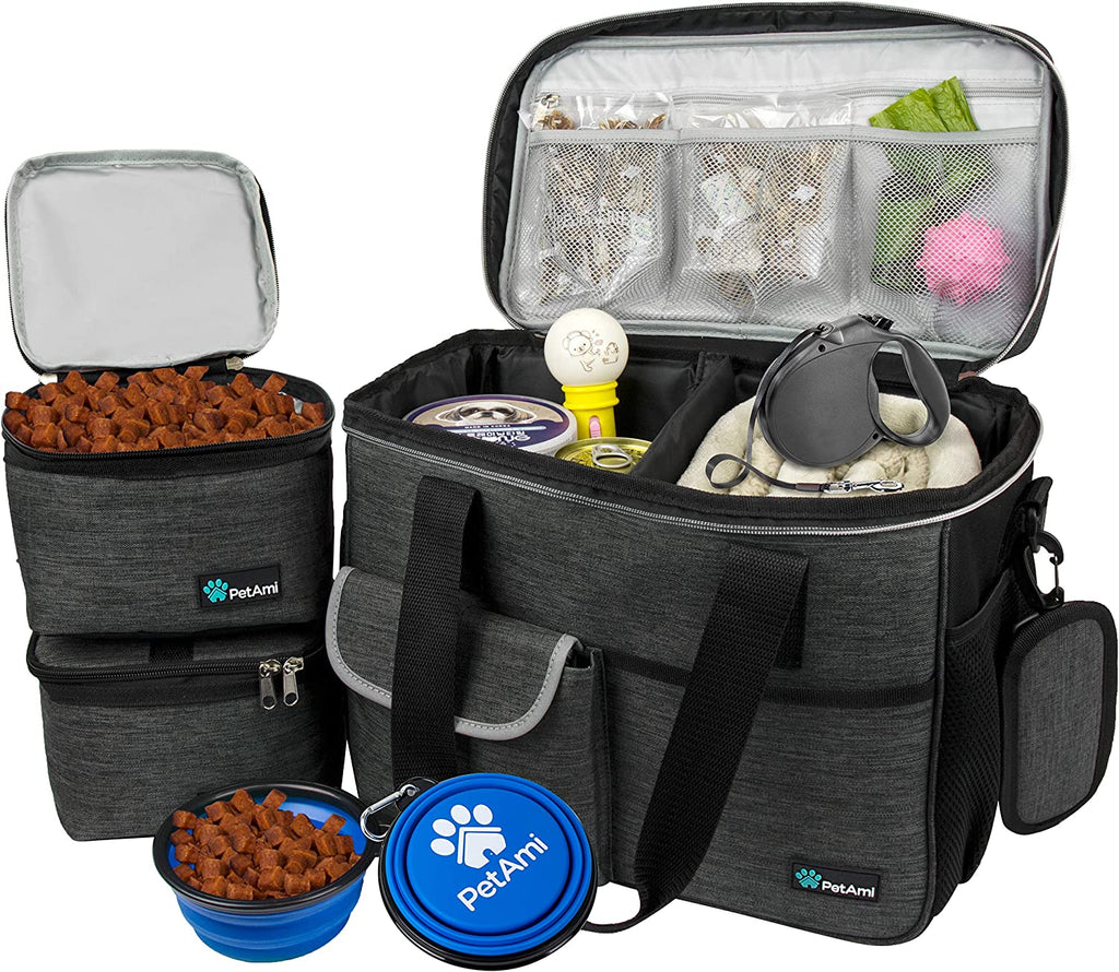Dog Travel Bag, Travel Pet Bag Organizer, Dog Food Travel Bag with Container Collapsible Bowls, Pet Travel Supplies Gift Accessories for Weekend Camping, Puppy Cat Diaper Bag, Charcoal Medium