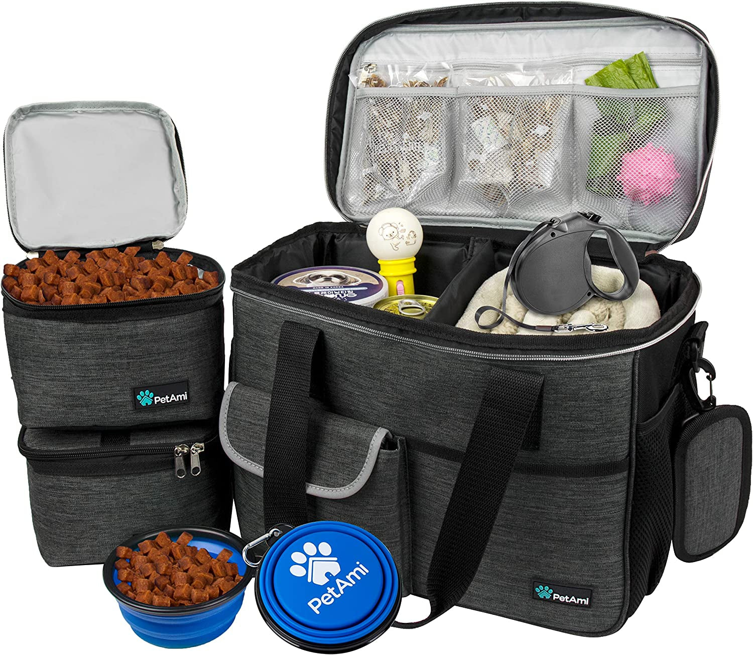 Dog Travel Bag, Travel Pet Bag Organizer, Dog Food Travel Bag with Container Collapsible Bowls, Pet Travel Supplies Gift Accessories for Weekend Camping, Puppy Cat Diaper Bag, Charcoal Medium