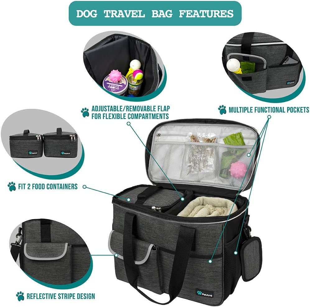 Dog Travel Bag, Travel Pet Bag Organizer, Dog Food Travel Bag with Container Collapsible Bowls, Pet Travel Supplies Gift Accessories for Weekend Camping, Puppy Cat Diaper Bag, Charcoal Medium