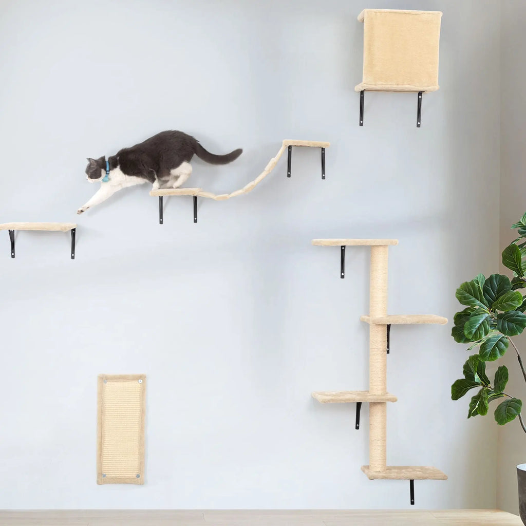 5 Pcs Wall Mounted Cat Climber Set; Floating Cat Shelves and Perches; Cat Activity Tree with Scratching Posts; Modern Cat Furniture