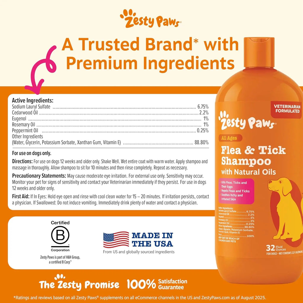 Zesty Paws Flea & Tick Removal Shampoo for Dogs - 16-Fl Oz Natural Soothing Deodorizing Cleaning Formula with Cedarwood Oil & Peppermint for Skin & Coat Care