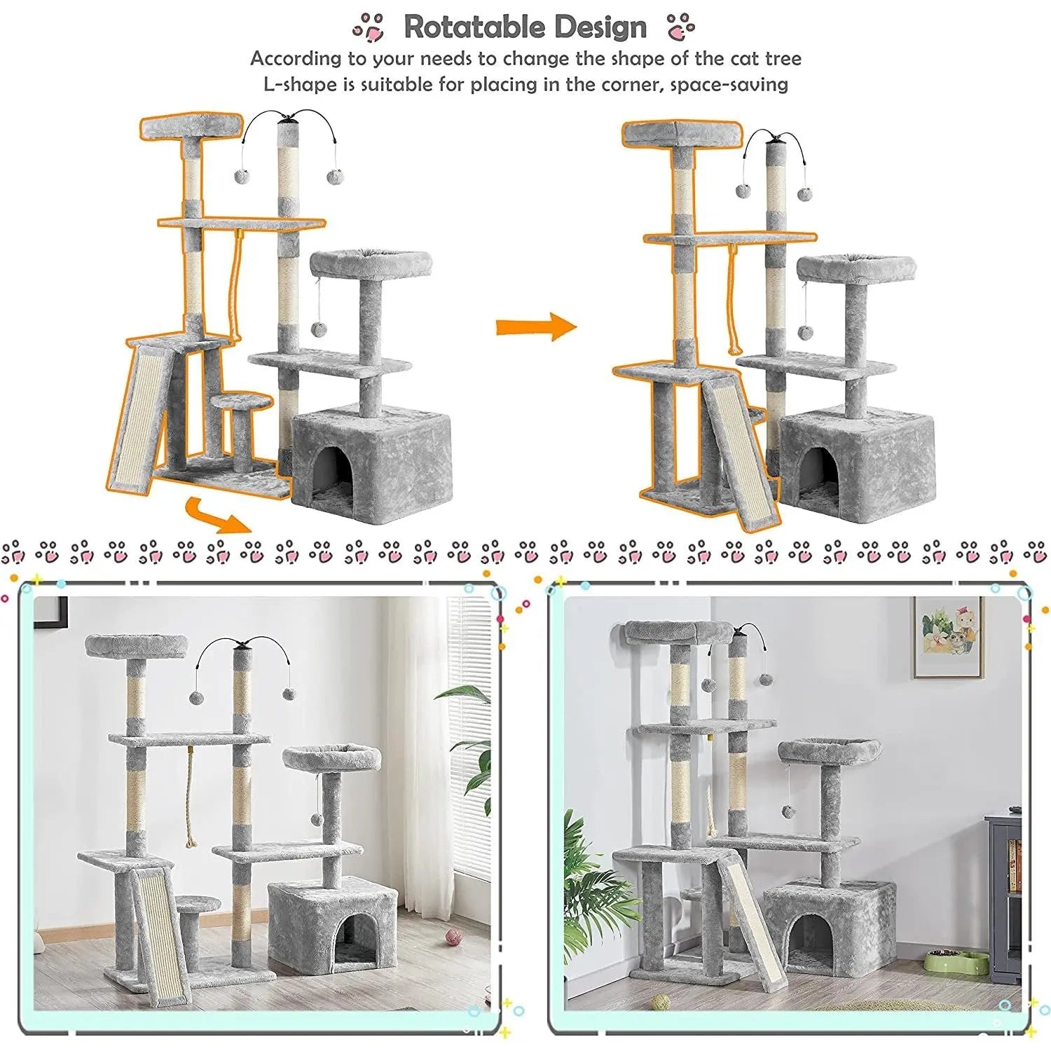 Multi-Level Cat Tree Cat Tower for Indoor Cats, Cat Condo with Scratching Posts, Cat Furniture Play Center, Plush Perch, Rotatable Cat Tree Light Gray