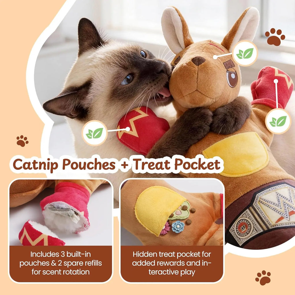 PURETOY Rumble Roo Cat Wrestling Toy, 22-Inch Kangaroo Puppet with Catnip Pouches & Treat Pocket, Reinforced Protective Glove for Kicking & Kicks, Bonding Toy for Cats of All Ages