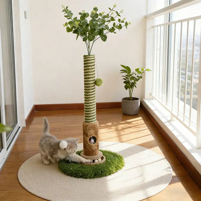 39''Cat Scratching Post with Artificial Eucalyptus Leaves 4-In-1 Interactive Cat Tree Tower- Summervibes Kitten Scratcher with Toy Balls - Indoor Cat Scratching Post with Ball - Sisal Rope -Modern Pet Furniture Cat Tree for Living Room Home Decor Ou