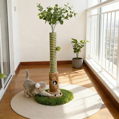39''Cat Scratching Post with Artificial Eucalyptus Leaves 4-In-1 Interactive Cat Tree Tower- Summervibes Kitten Scratcher with Toy Balls - Indoor Cat Scratching Post with Ball - Sisal Rope -Modern Pet Furniture Cat Tree for Living Room Home Decor Ou