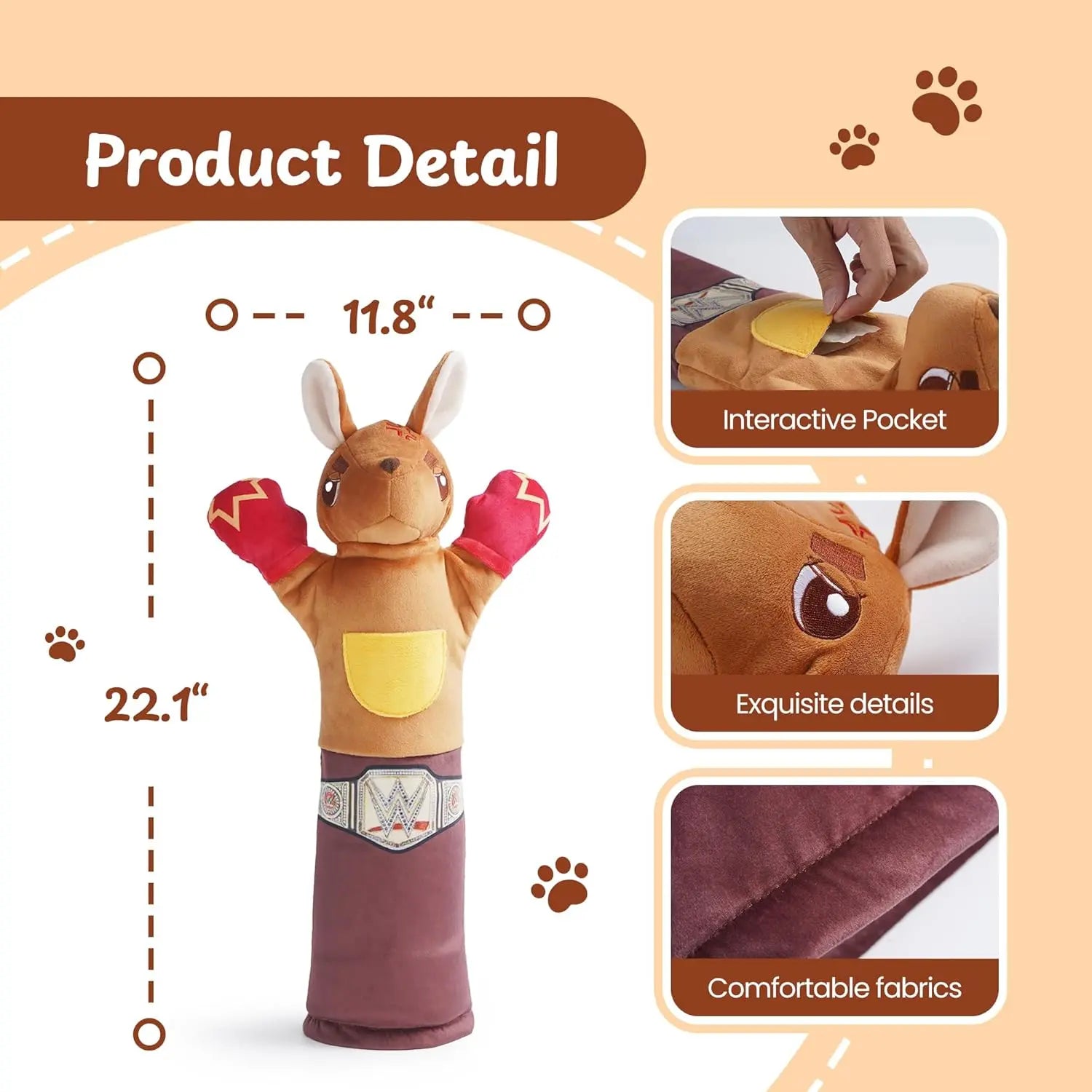 PURETOY Rumble Roo Cat Wrestling Toy, 22-Inch Kangaroo Puppet with Catnip Pouches & Treat Pocket, Reinforced Protective Glove for Kicking & Kicks, Bonding Toy for Cats of All Ages