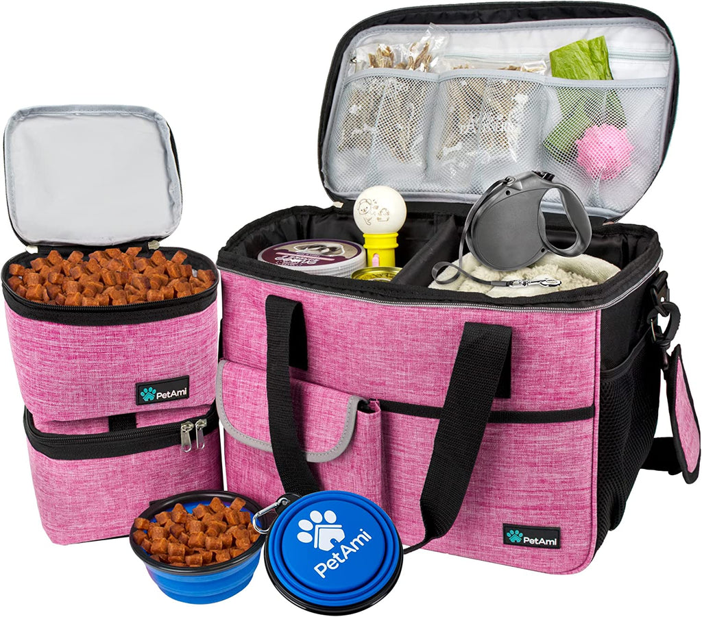 Dog Travel Bag, Travel Pet Bag Organizer, Dog Food Travel Bag with Container Collapsible Bowls, Pet Travel Supplies Gift Accessories for Weekend Camping, Puppy Cat Diaper Bag, Pink Medium