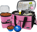 Dog Travel Bag, Travel Pet Bag Organizer, Dog Food Travel Bag with Container Collapsible Bowls, Pet Travel Supplies Gift Accessories for Weekend Camping, Puppy Cat Diaper Bag, Pink Medium