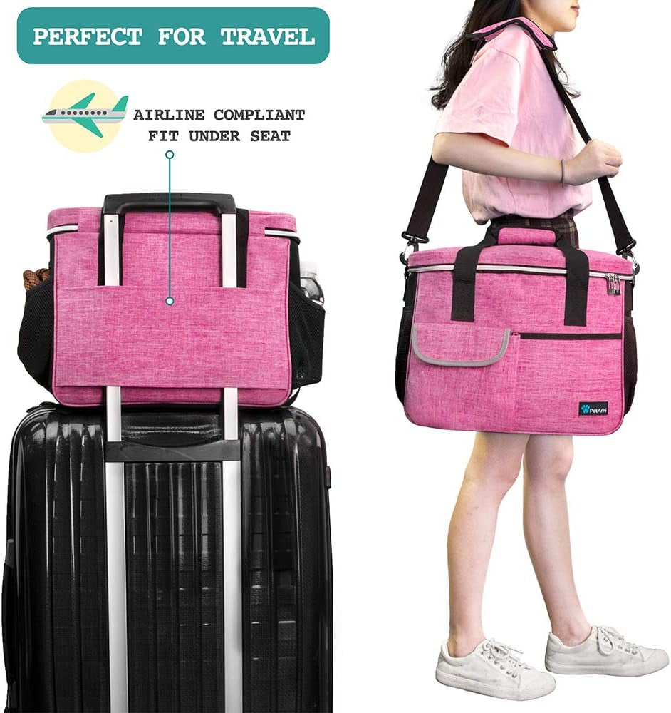 Dog Travel Bag, Travel Pet Bag Organizer, Dog Food Travel Bag with Container Collapsible Bowls, Pet Travel Supplies Gift Accessories for Weekend Camping, Puppy Cat Diaper Bag, Pink Medium