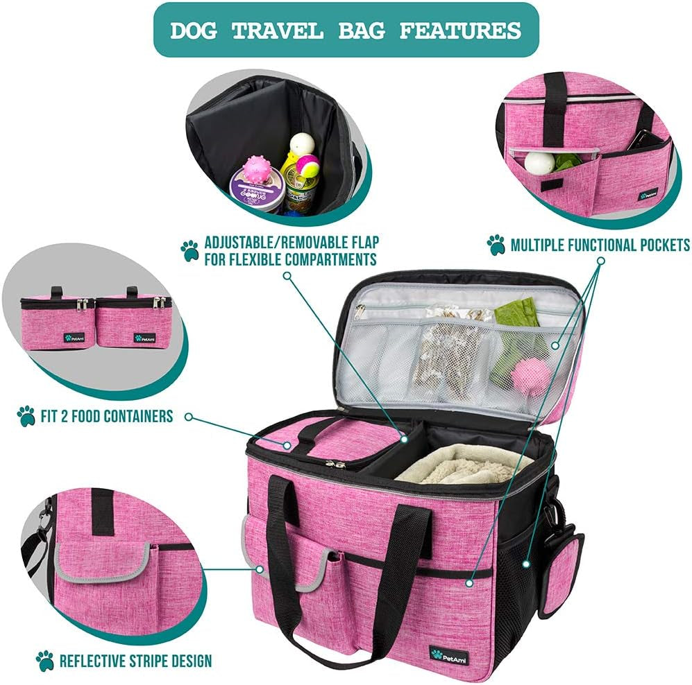 Dog Travel Bag, Travel Pet Bag Organizer, Dog Food Travel Bag with Container Collapsible Bowls, Pet Travel Supplies Gift Accessories for Weekend Camping, Puppy Cat Diaper Bag, Pink Medium