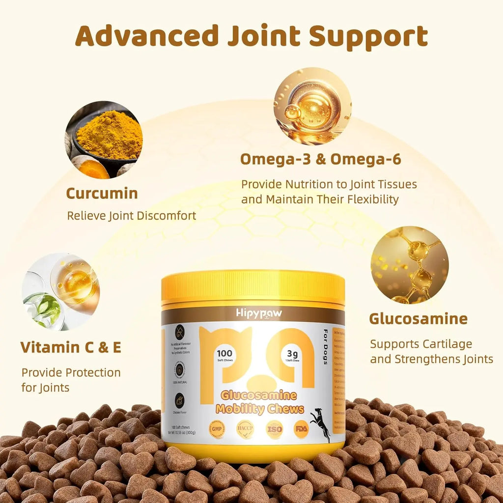 Hipypaw Hip & Joint Mobility Bites for Dogs Natural Joint Health Supplement with Glucosamine & Chondroitin, MSM & Omega-3 Soft Chewsz