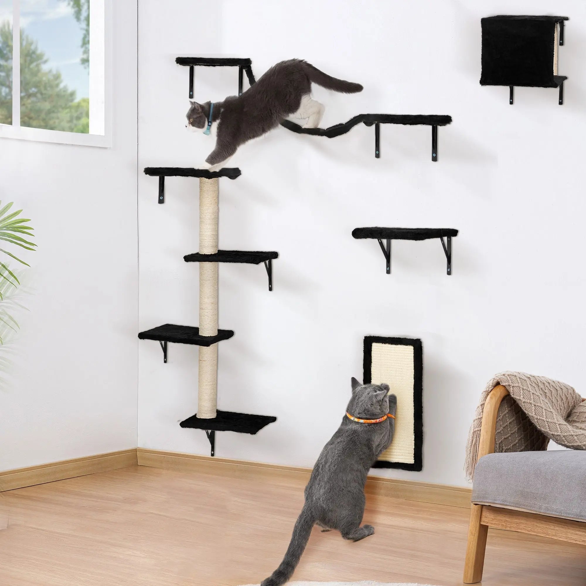 5 Pcs Wall Mounted Cat Climber Set; Floating Cat Shelves and Perches; Cat Activity Tree with Scratching Posts; Modern Cat Furniture