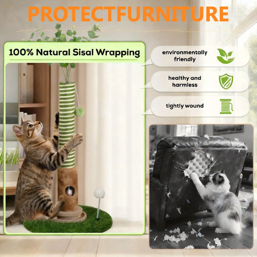 39''Cat Scratching Post with Artificial Eucalyptus Leaves 4-In-1 Interactive Cat Tree Tower- Summervibes Kitten Scratcher with Toy Balls - Indoor Cat Scratching Post with Ball - Sisal Rope -Modern Pet Furniture Cat Tree for Living Room Home Decor Ou