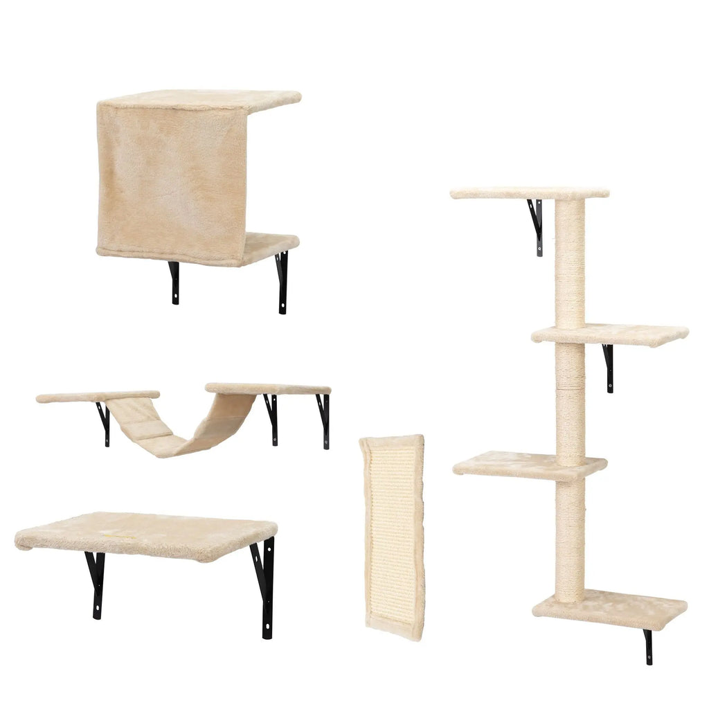 5 Pcs Wall Mounted Cat Climber Set; Floating Cat Shelves and Perches; Cat Activity Tree with Scratching Posts; Modern Cat Furniture