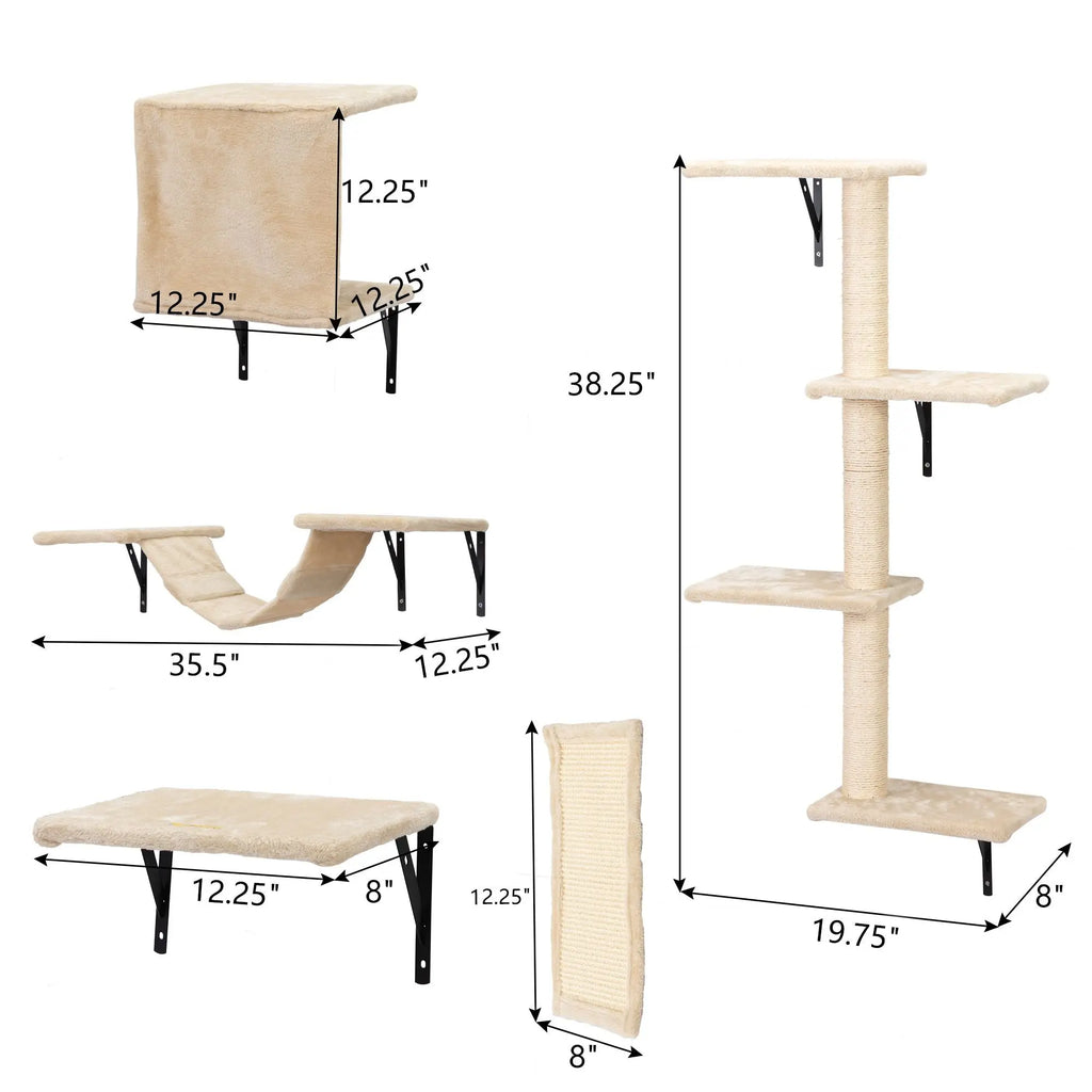5 Pcs Wall Mounted Cat Climber Set; Floating Cat Shelves and Perches; Cat Activity Tree with Scratching Posts; Modern Cat Furniture