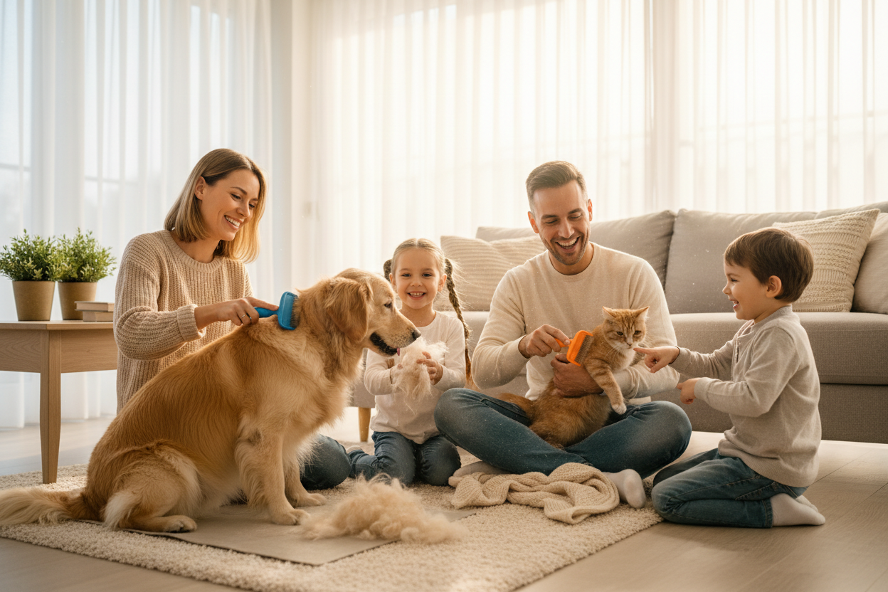 Family using deshedding brushes on both dog and cat