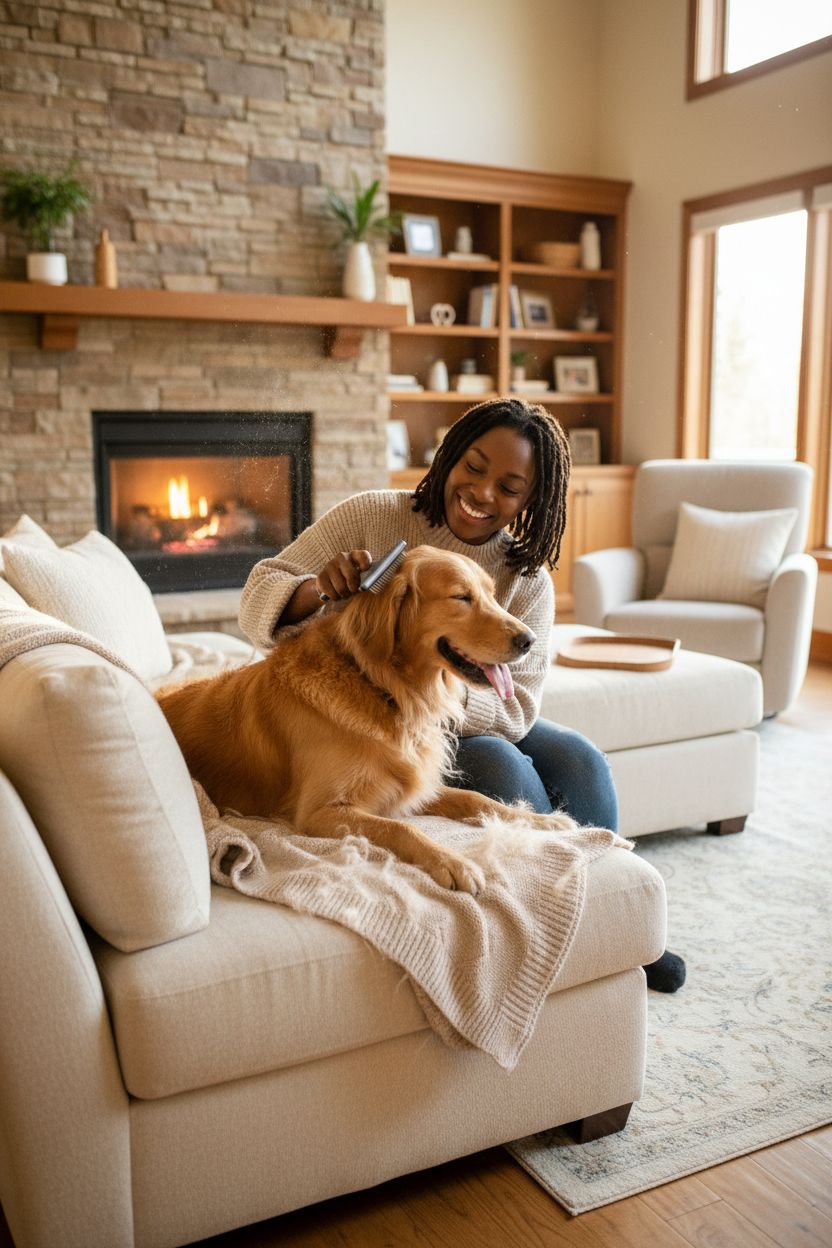 Woman Deshedding Her Dog